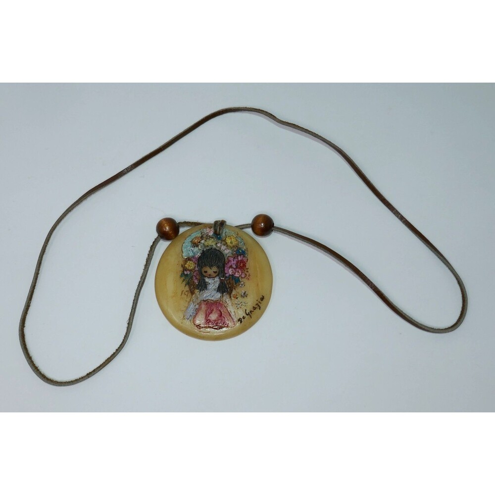 DeGrazia 1970s Hand-Painted Flower Child Necklace with Leather Cord